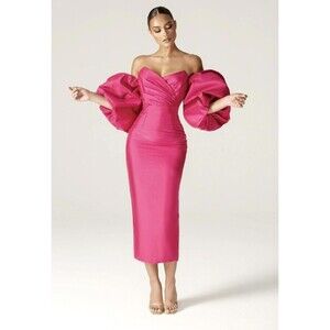 ALIEVA Dress Womens 2XL Pink Satin Off Shoulder Puff Sleeve Bodycon Midi Formal